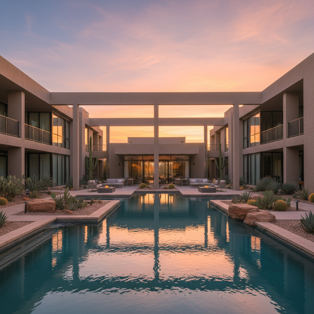 Modern desert-style apartment complex with pool courtyard photographed at golden hour dusk