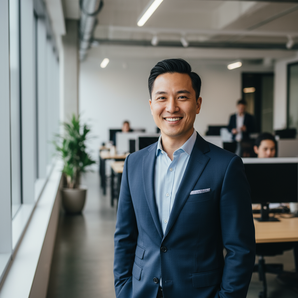 Asian businessman in navy suit with confident smile in modern office
