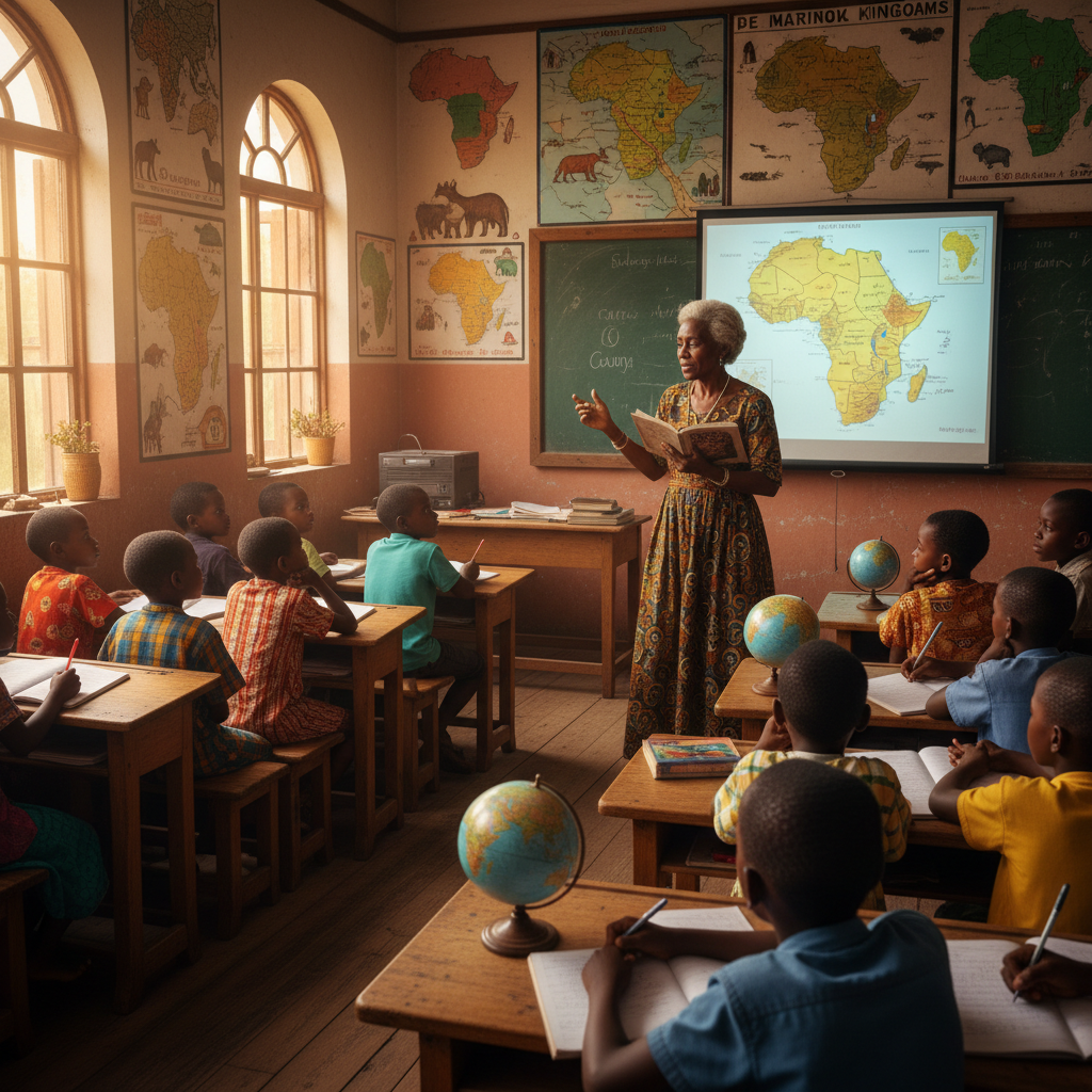 Children sitting in a classroom learning African history from an elder teacher with colorful maps