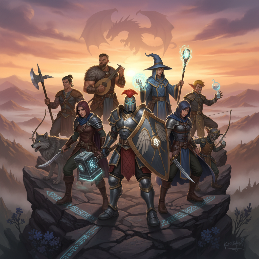 Koleksi karakter fantasy RPG dengan berbagai class dan role dalam formasi tim yang epik