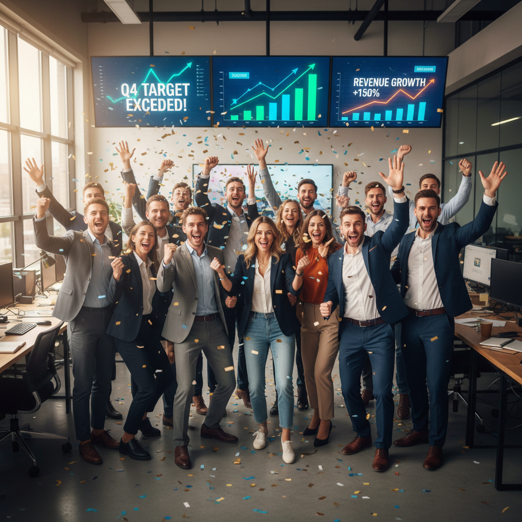 E-commerce team celebrating success with graphs showing upward growth trends