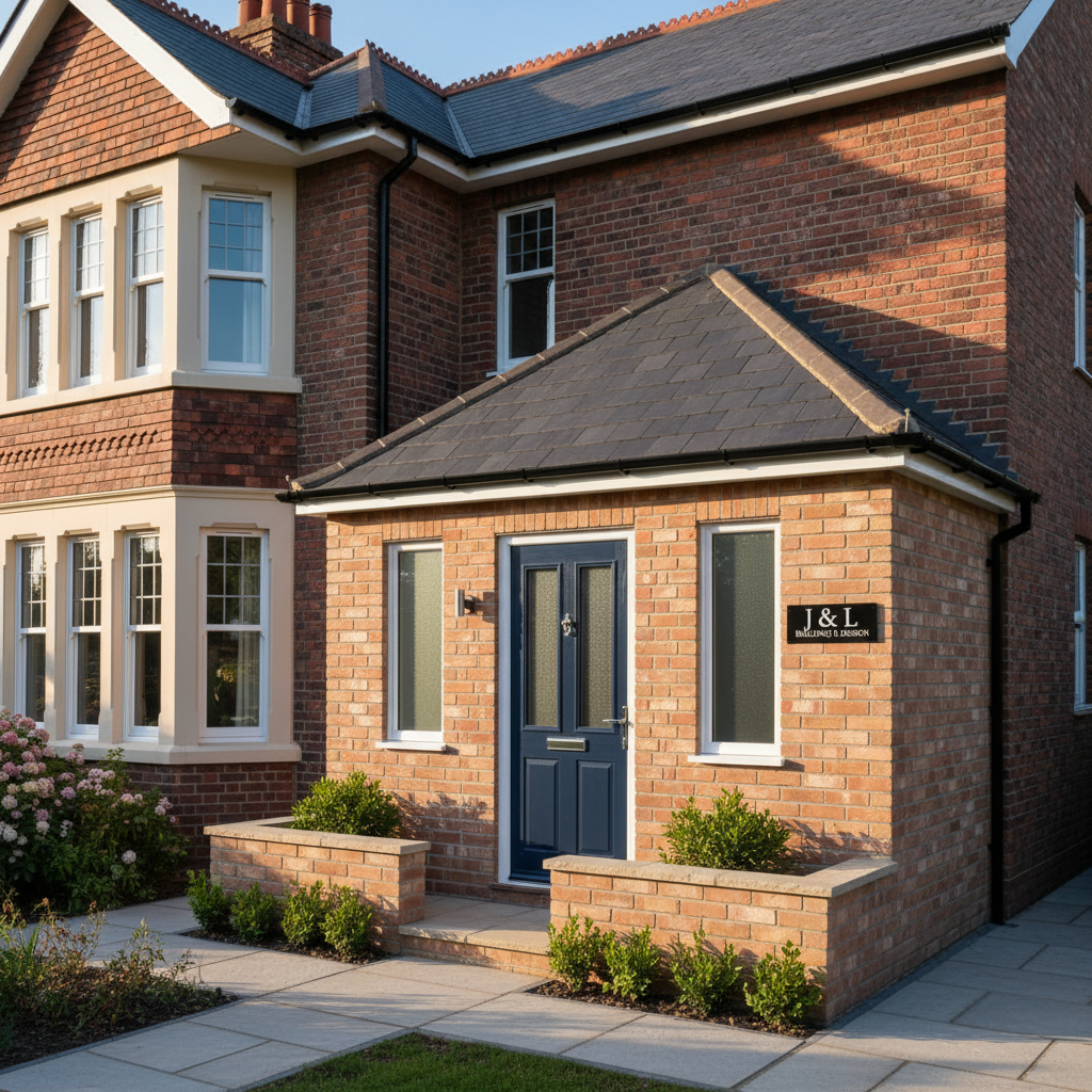 Two storey extension in Cheshire by J & L Building & Design — bright brick two-storey extension on semi-detached house