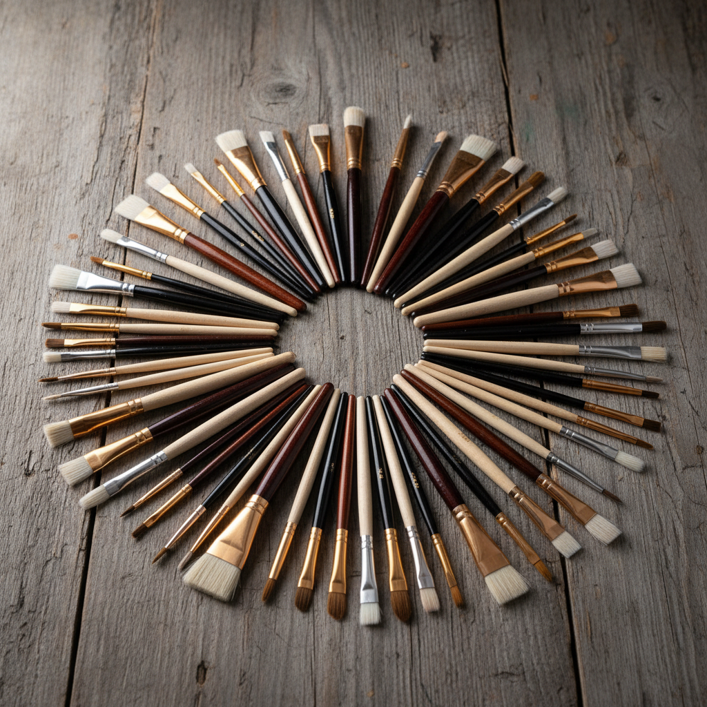 Bundle of thirty assorted artist paintbrushes fanned out on a wooden surface
