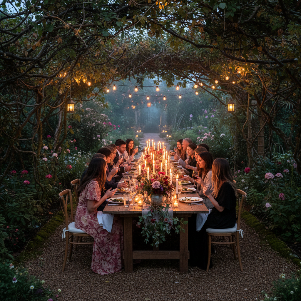 Events at The Felin Fach Griffin — long table dinner in the garden, candles and seasonal flowers