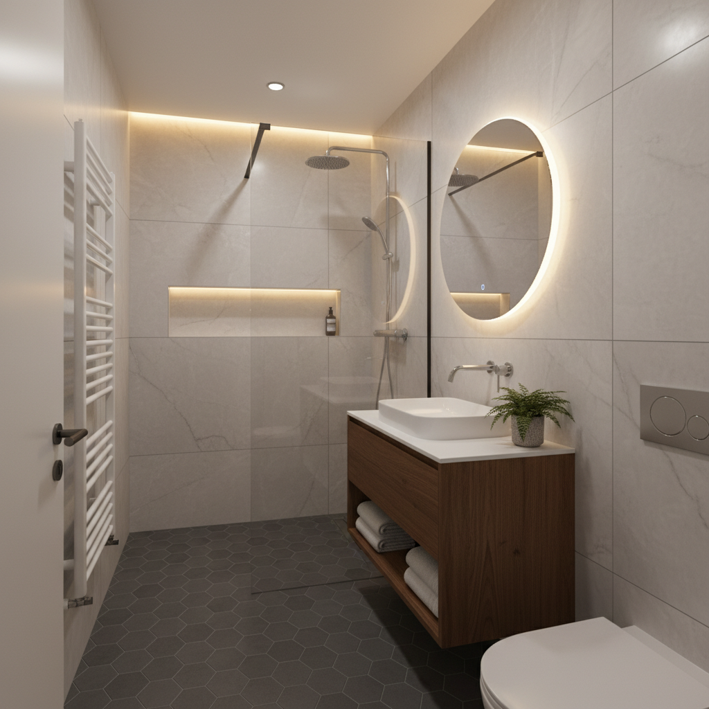 Baño pequeño funcional con ducha optimizada y materiales de calidad después de la reforma