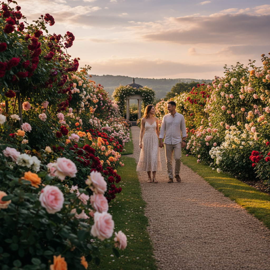 Couple walking through rose garden path at Ivywood estate in midsummer evening light
