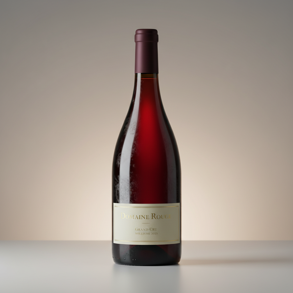 Deep garnet wine in a large Burgundy glass, warm amber light from the side