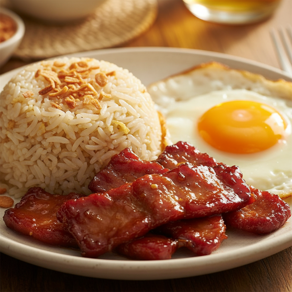 Tocilog plate with sweet pork tocino, garlic fried rice, and fried egg