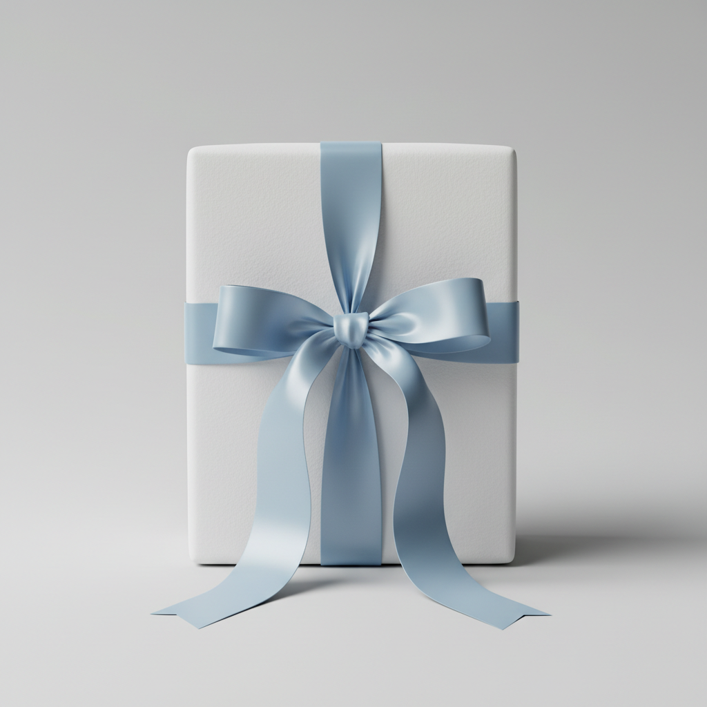 Gift box with personalised handwritten name card and ribbon on white background