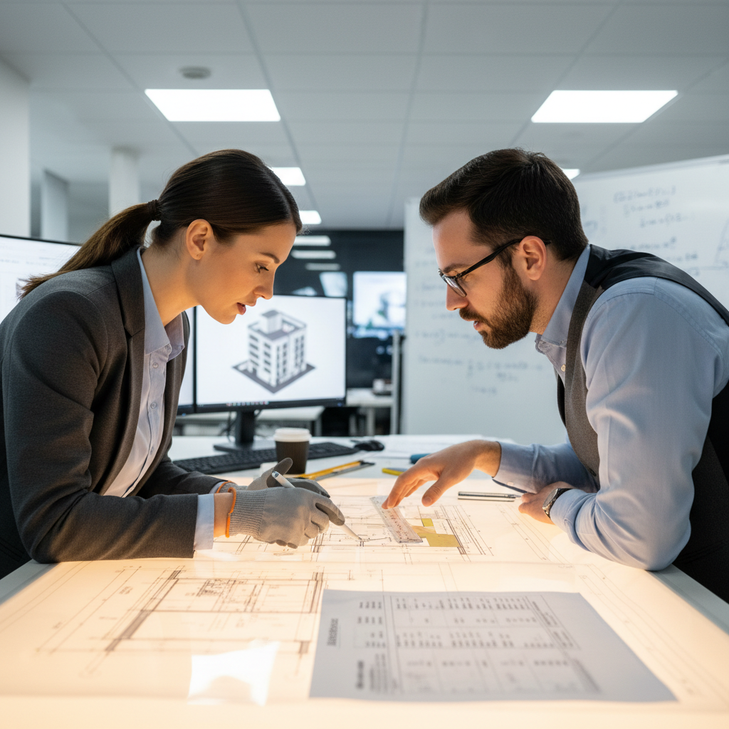Professional project managers reviewing construction plans at a well-lit office meeting table