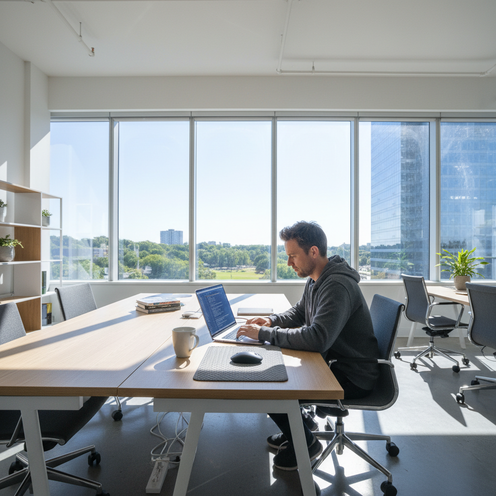Young engineer at laptop in a bright modern workspace, focused and confident, natural light from window