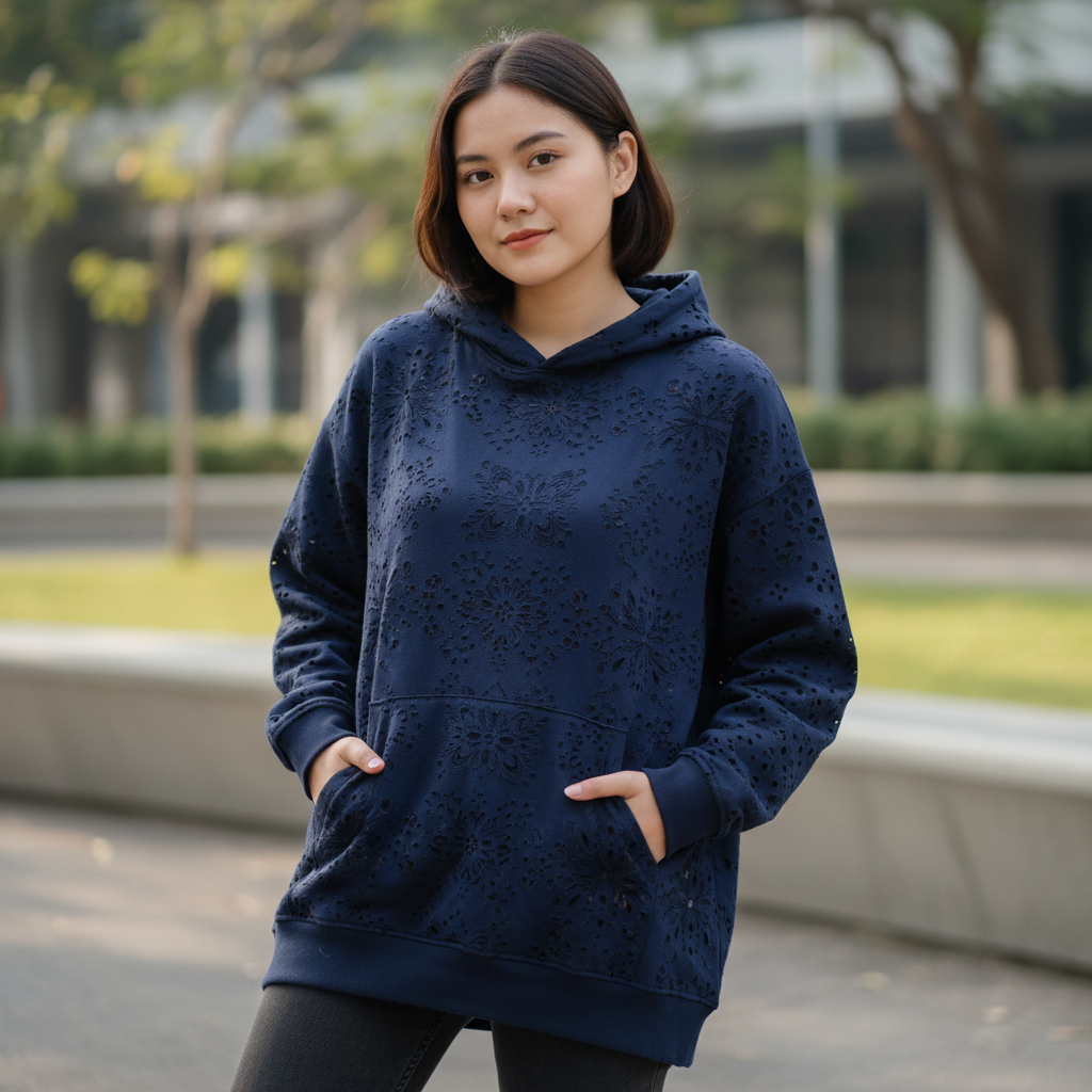 Oversized streetwear hoodie with laser-cut batik pattern in dark navy on a young woman