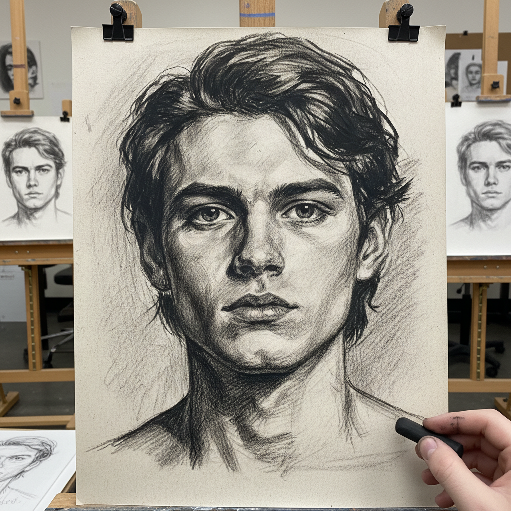 Student charcoal portrait drawing with expressive marks on large paper