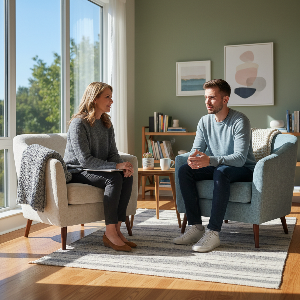 Healthcare professional providing mental health counseling in a calm therapy room