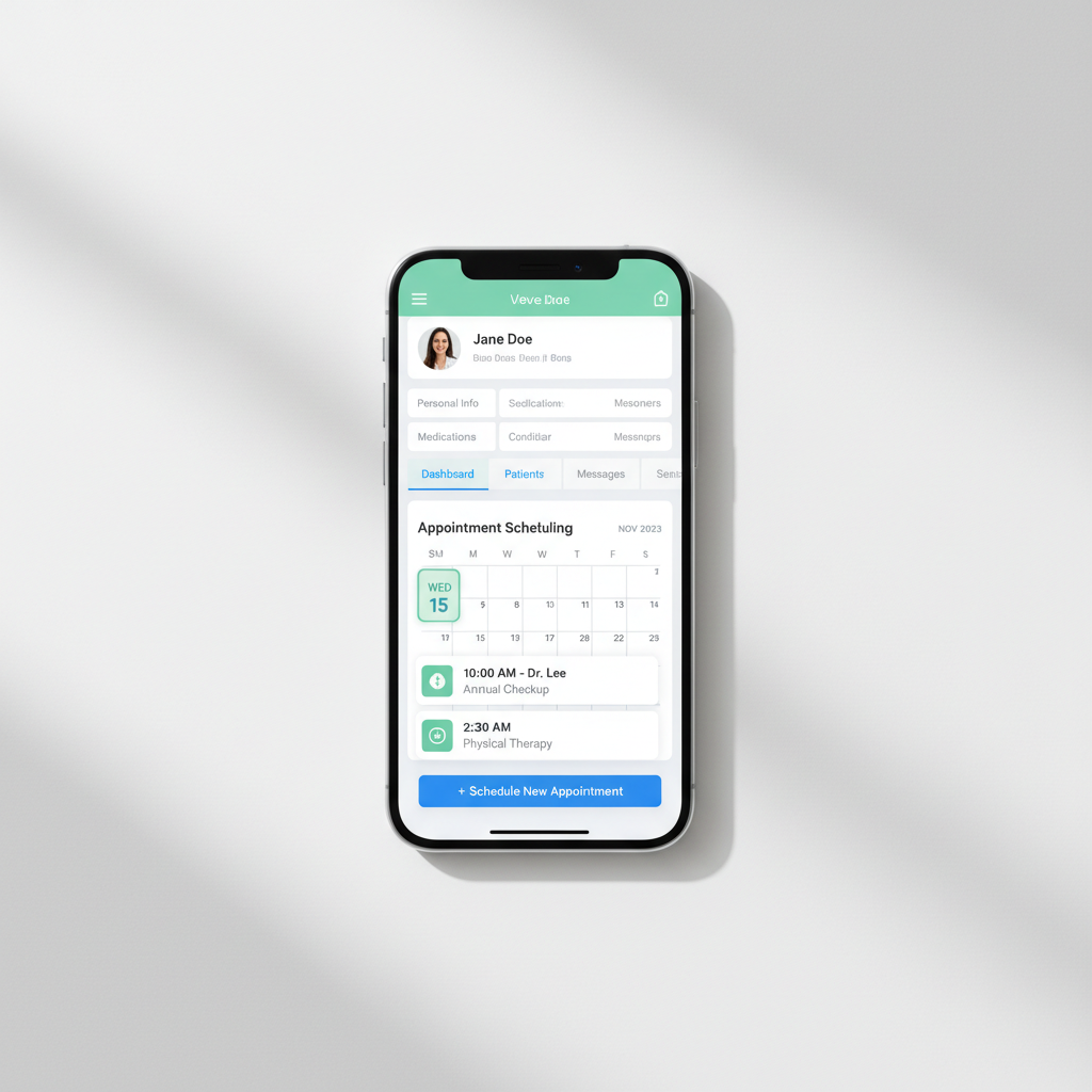 Medical app on dark phone screen, white clinical interface with blue appointment cards
