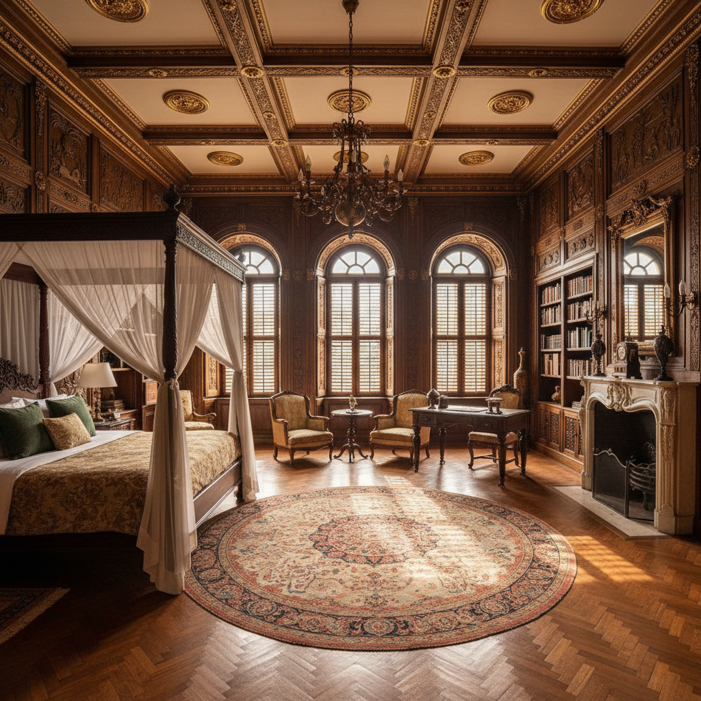 Elegant luxury hotel suite interior with four-poster bed, silk drapes, antique furniture, and warm candlelight creating an intimate heritage atmosphere