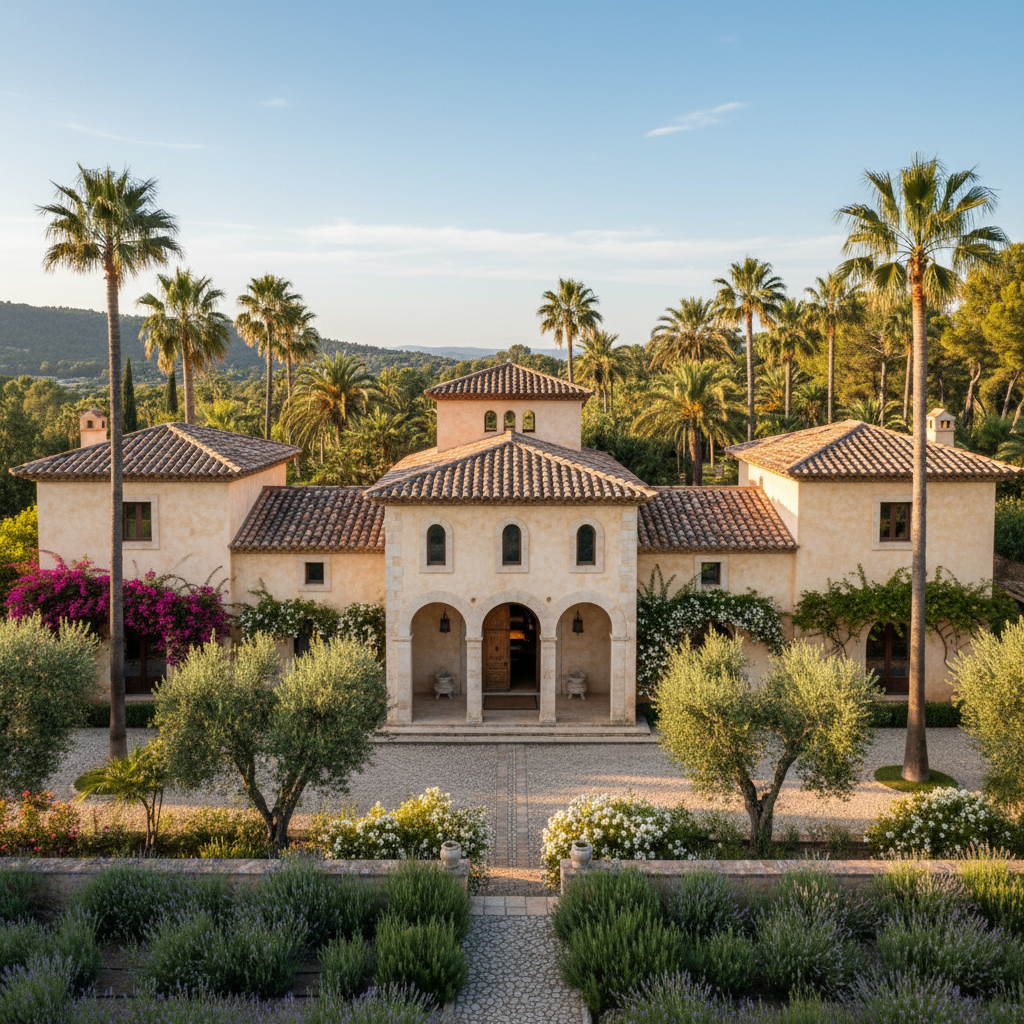 Mediterranean style villa with terracotta roof and lush garden, warm afternoon sunlight, Florida luxury home