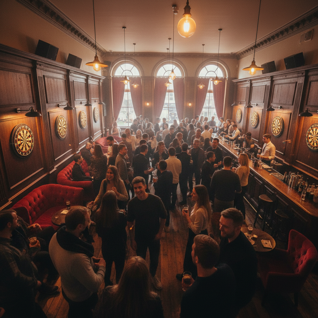 Crowded social club venue with people gathering around dart boards, warm tungsten lighting, ruby red accents