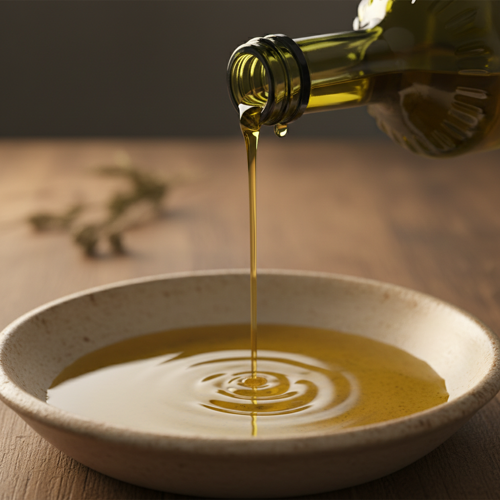 Olive oil pouring from bottle into bowl, warm amber color, bright natural light