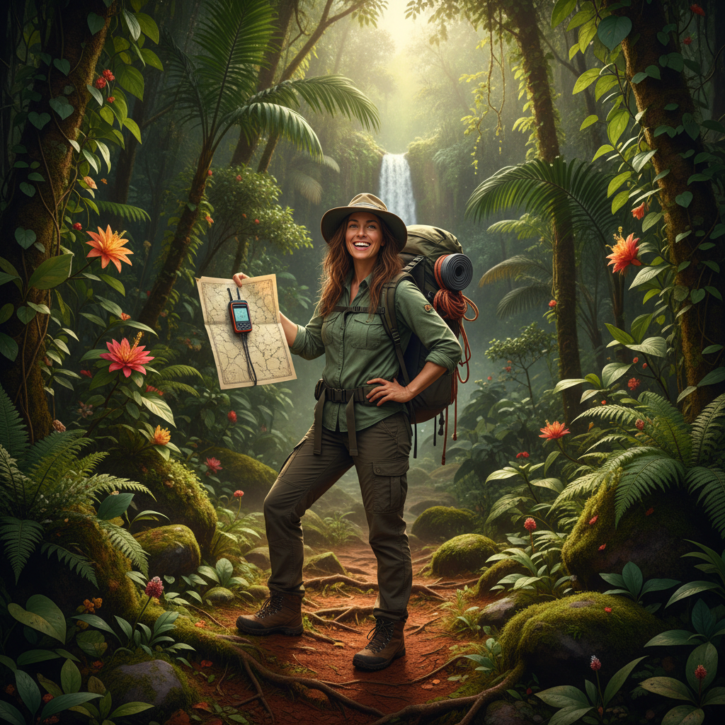 American male hiker smiling in outdoor gear against lush green tropical background