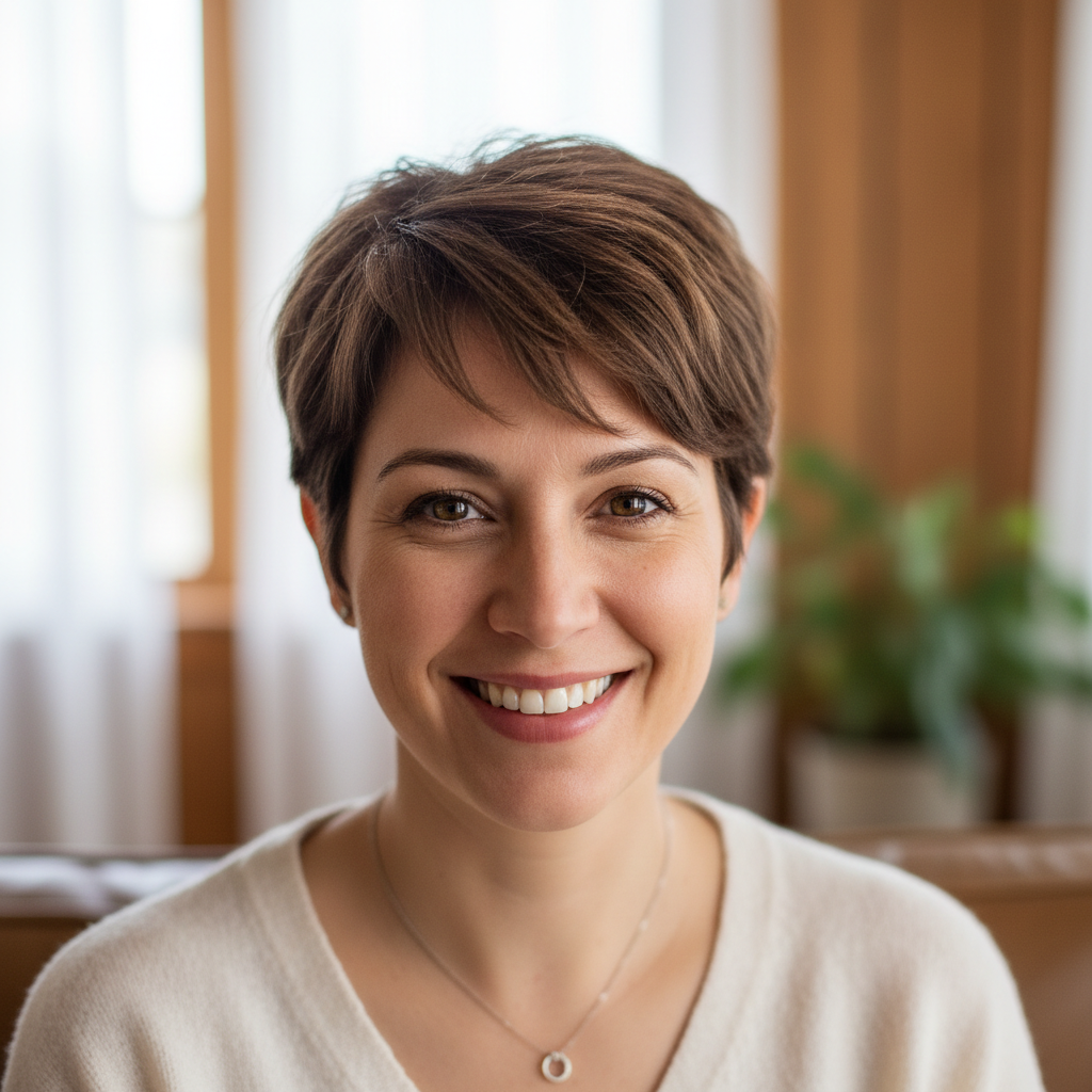Professional woman with brown hair in blue blazer smiling confidently at camera