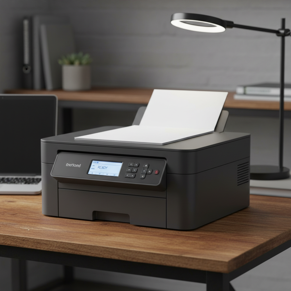 White office laser printer on clean desk in bright modern office with white walls