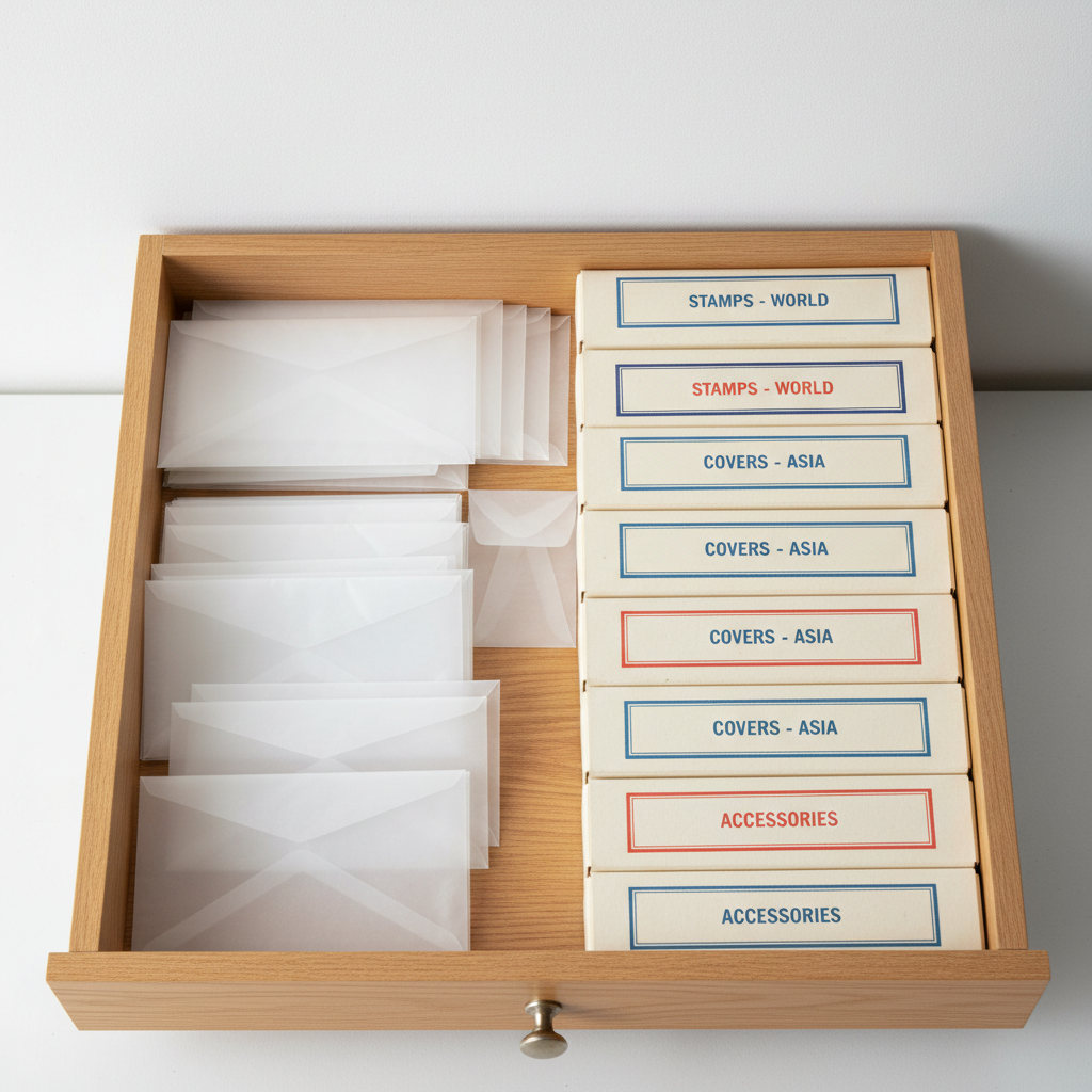 Glassine envelopes and philatelic storage boxes organized in a drawer