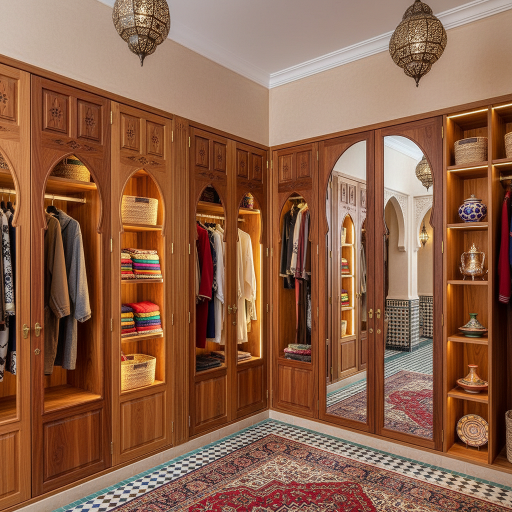 Grand dressing walk-in en bois de noyer avec miroirs et éclairage intégré dans villa Anfa