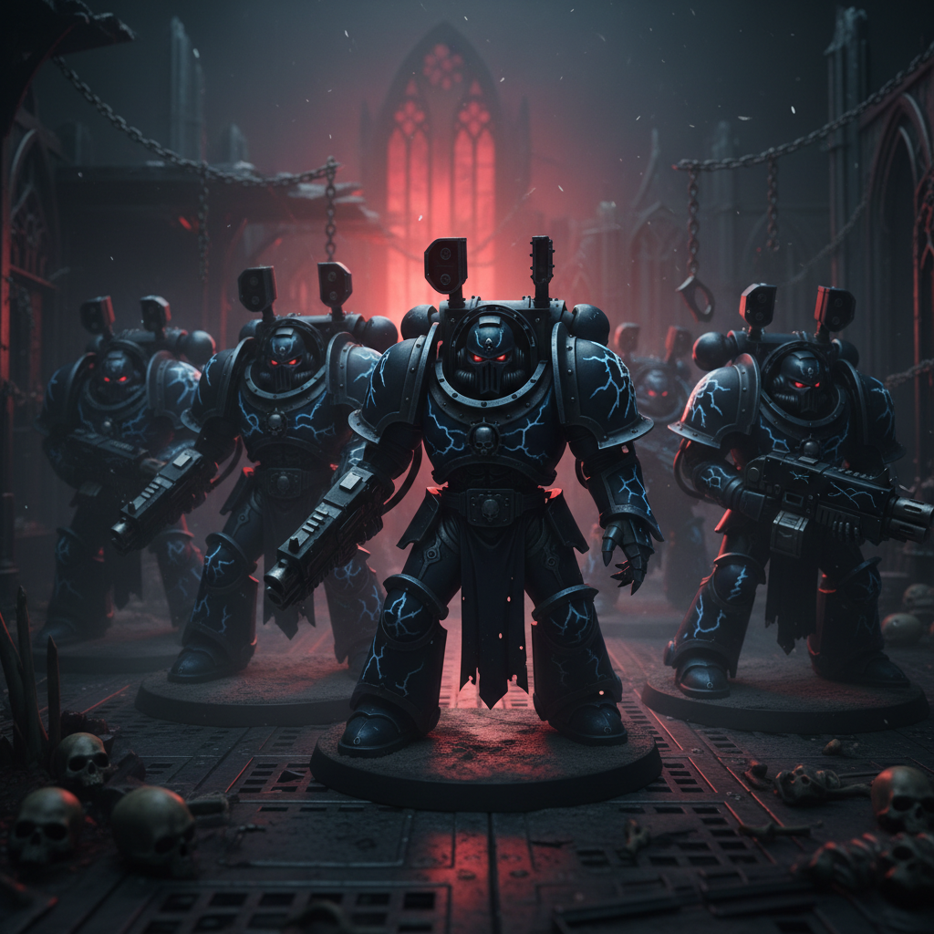 Night Lords kill team in dark blue-black armour with lightning bolt freehand and OSL from eye lenses