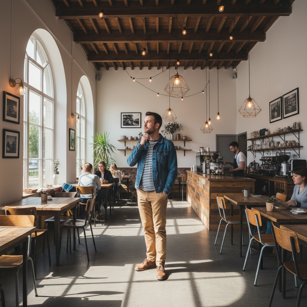 James Okafor, co-founder, standing in the café interior he designed