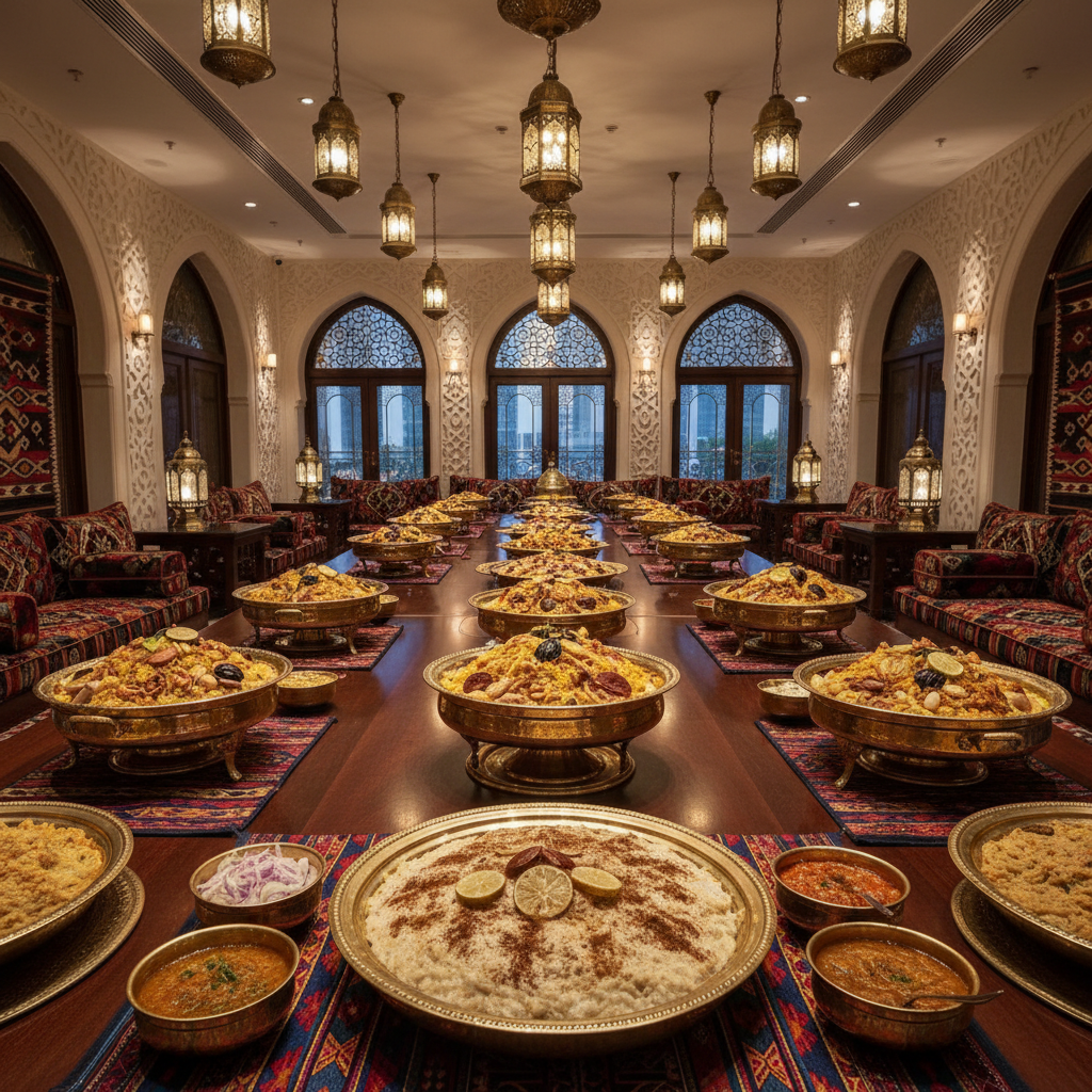 Corporate majlis setting with brass serving dishes of machboos and harees arranged on a long conference table with traditional Qatari decor