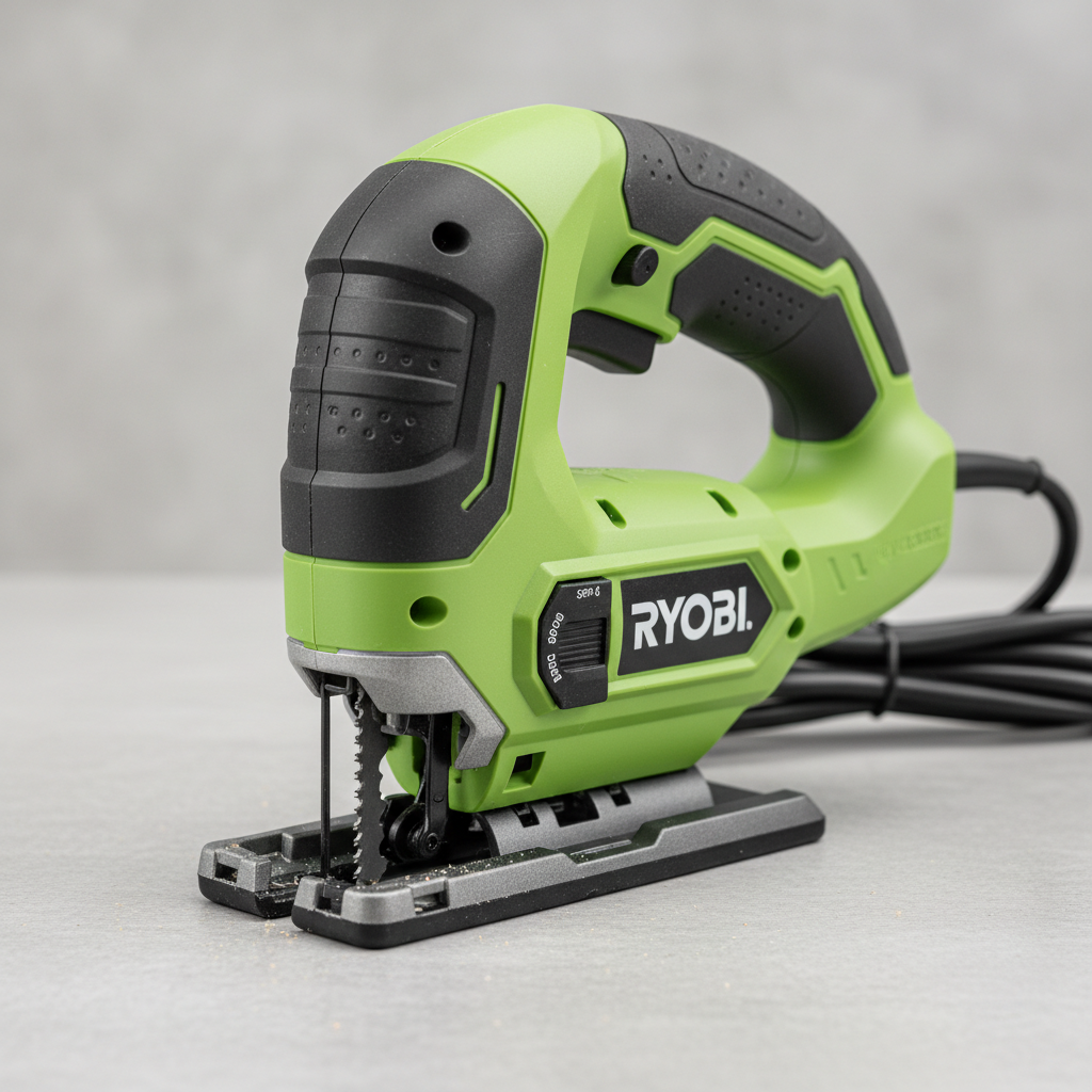 Green Ryobi power tool set arranged on white background