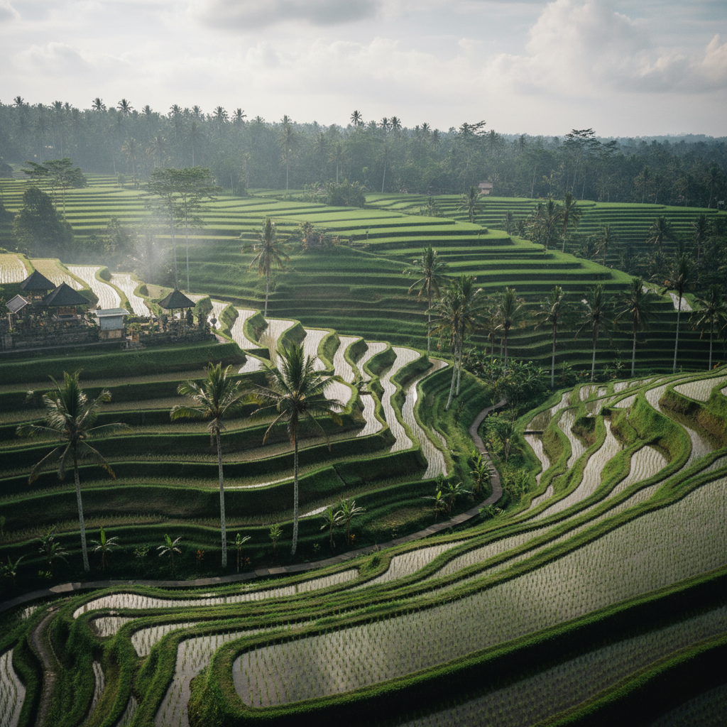 Bali rice terraces in bright green lush tropical landscape with traditional Balinese temple gate at golden hour