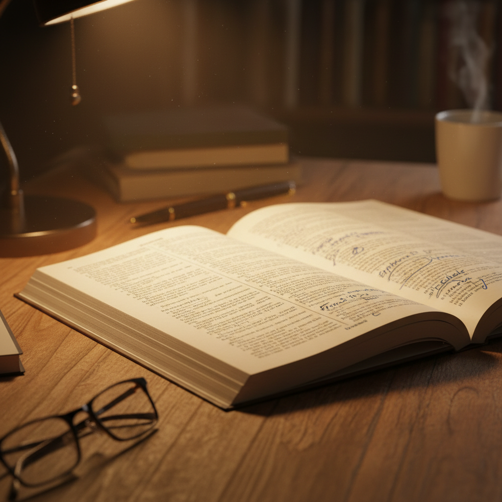 Academic manuscript pages with handwritten corrections on dark wood desk, warm focused lamp light