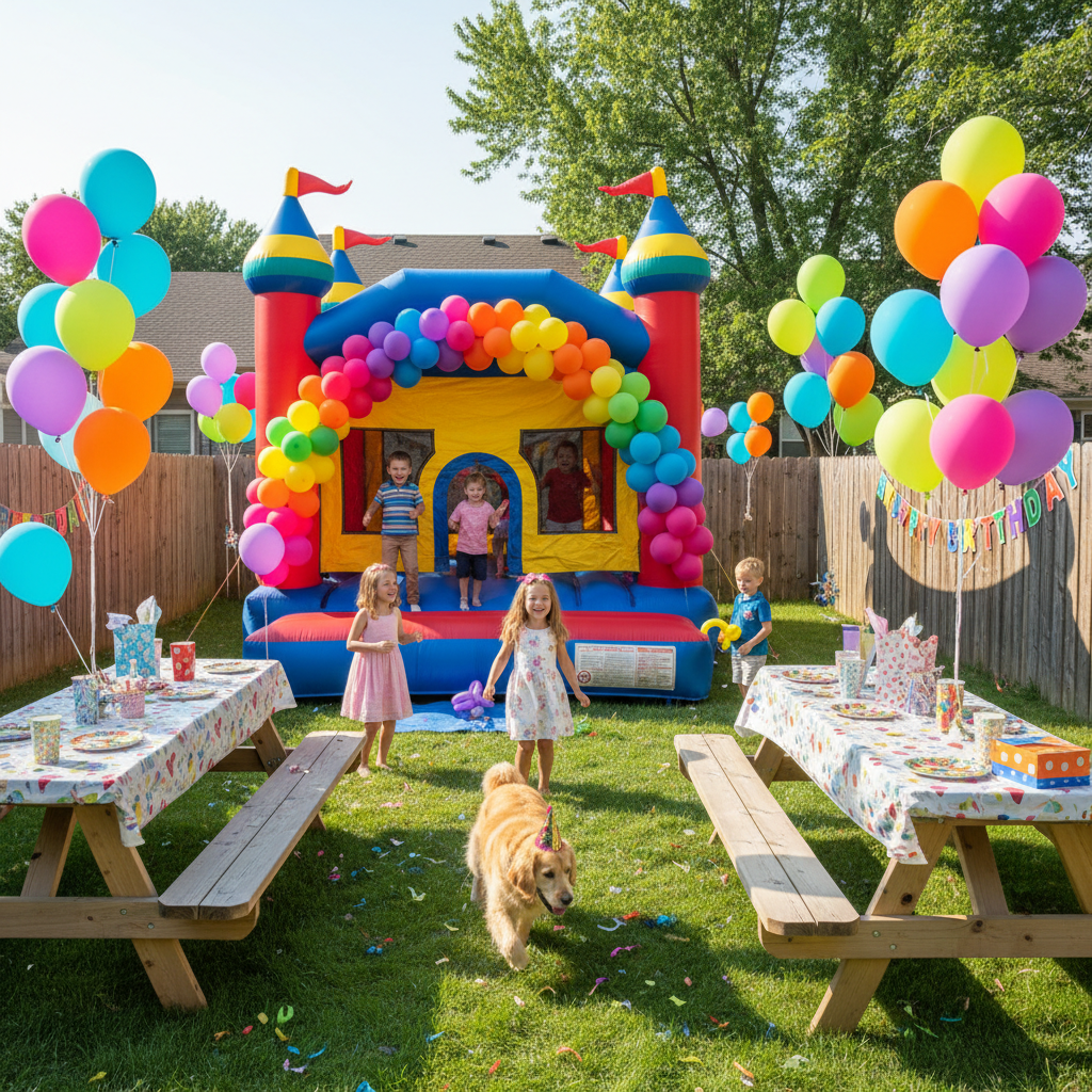 Birthday party setup with bounce house and colorful balloons in a residential yard