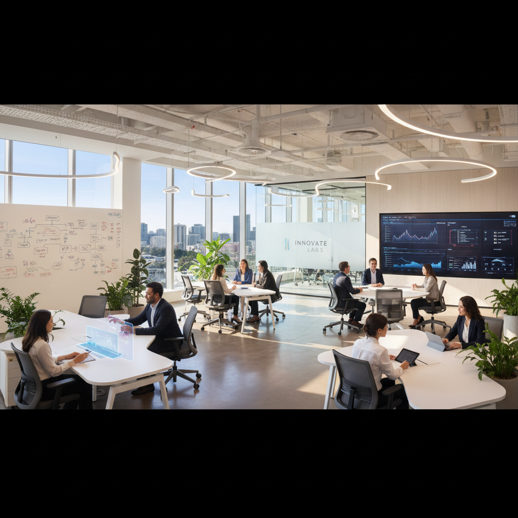 Modern Atlanta commercial office building interior, professional business environment, glass walls, collaborative workspace, corporate atmosphere