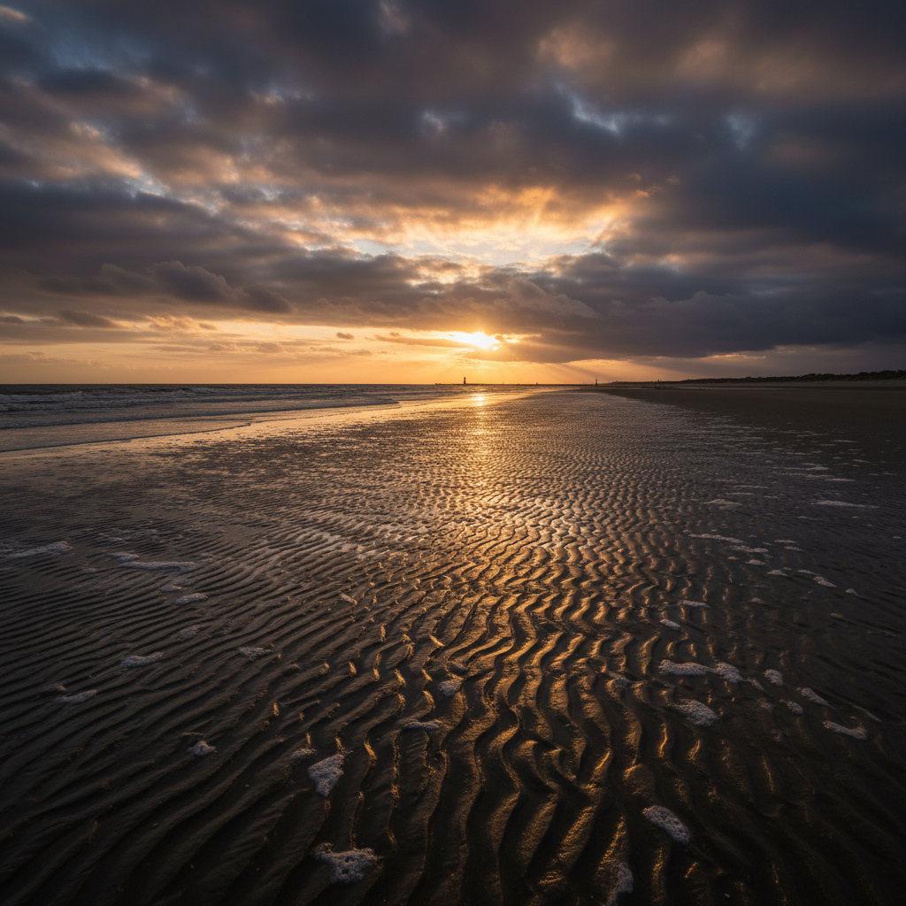 Belgian North Sea coast at golden hour, flat beach, dramatic sky with clouds, dark moody atmospheric lighting, deep shadows on wet sand