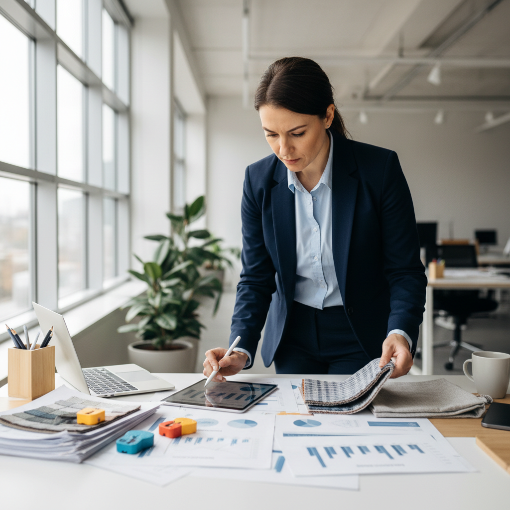 Business professional reviewing wholesale supplier documents and product samples in a bright office, organized paperwork, verification process