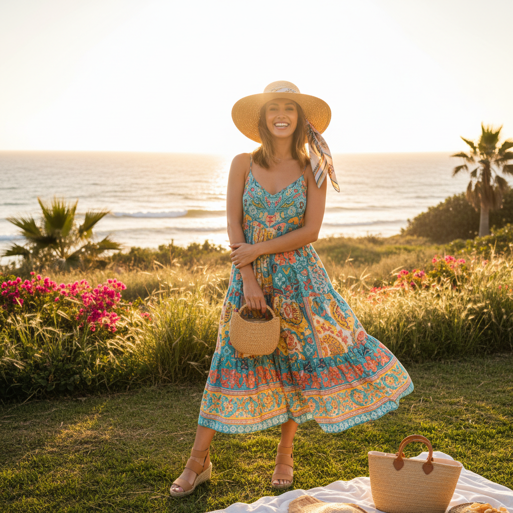 Women in stylish summer outfits, bright natural light, luxury fashion editorial