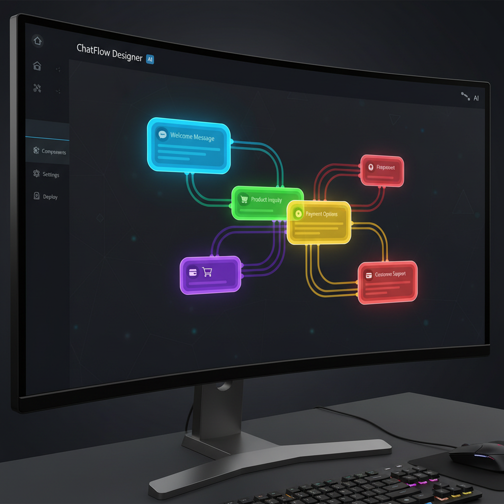 AI chatbot interface with conversation flow, dark background, message bubbles and typing indicators