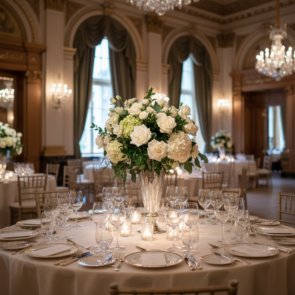 Elegant wedding table setting at Claridge's London with crystal glassware and cream floral centerpiece