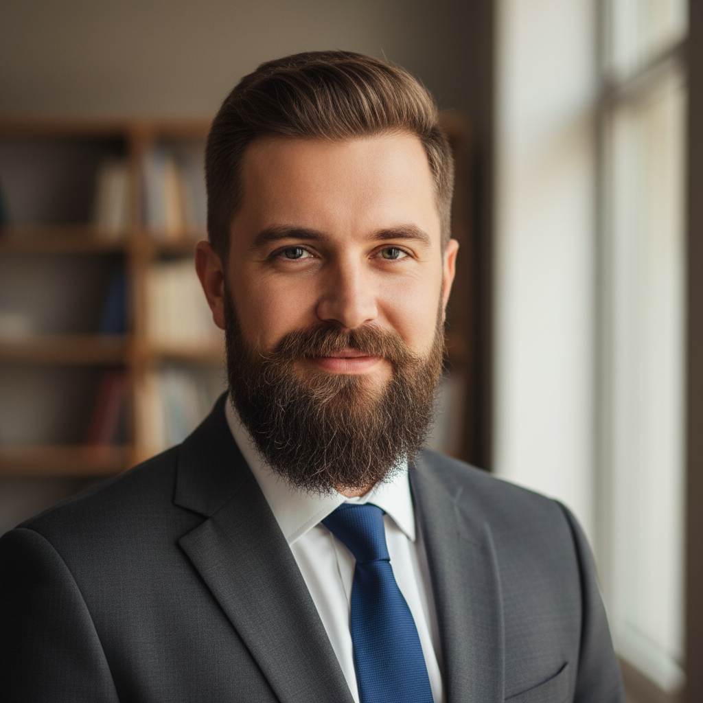 Professional headshot of mature Romanian businessman with confident expression, dark suit, neutral background