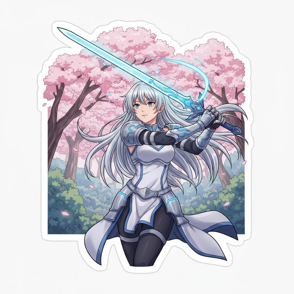 History: Anime-style warrior girl with glowing sword in fan
