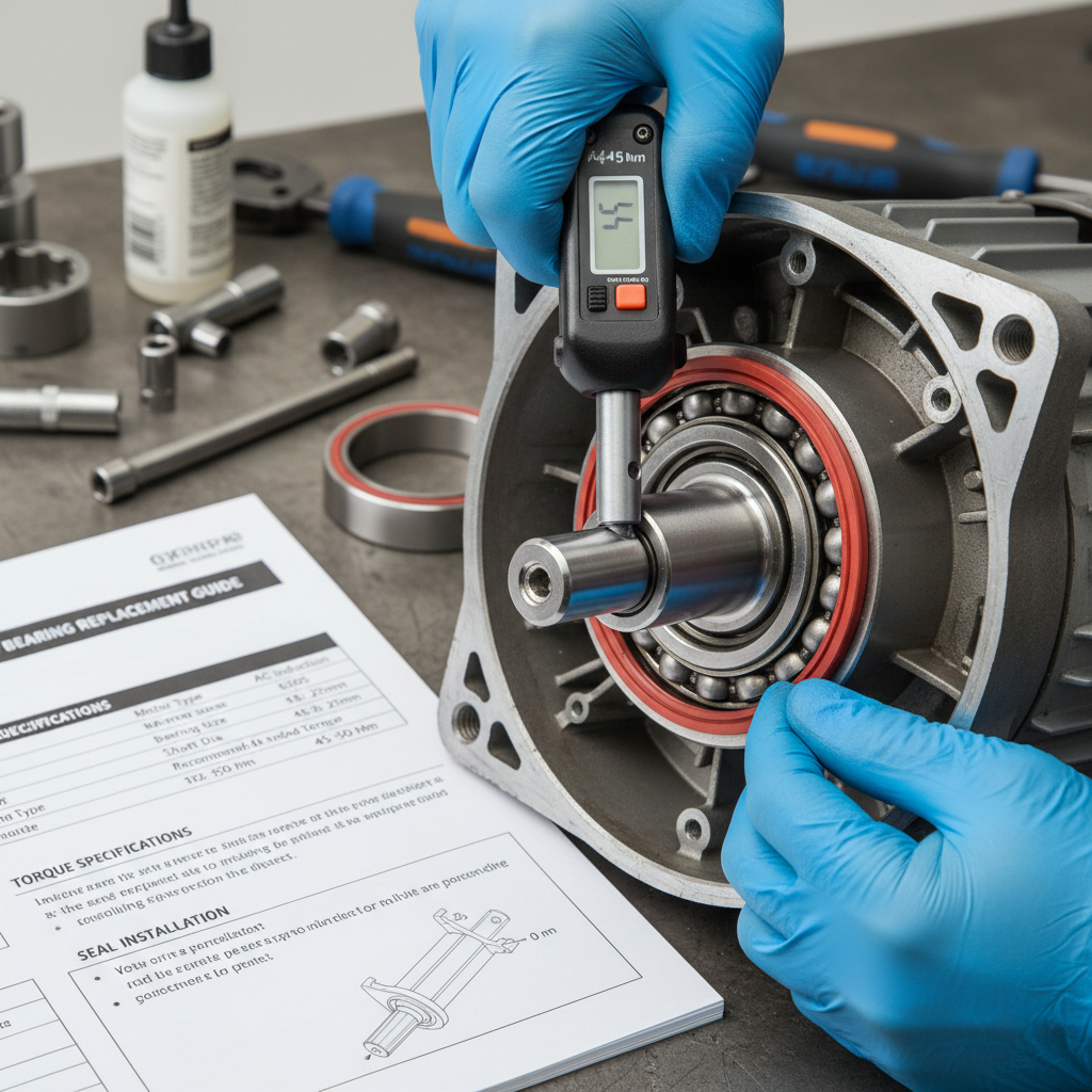 Torque lead mechanic applying torque wrench to a final drive, forearms tensed, shop light raking across grease-streaked knuckles and safety glasses