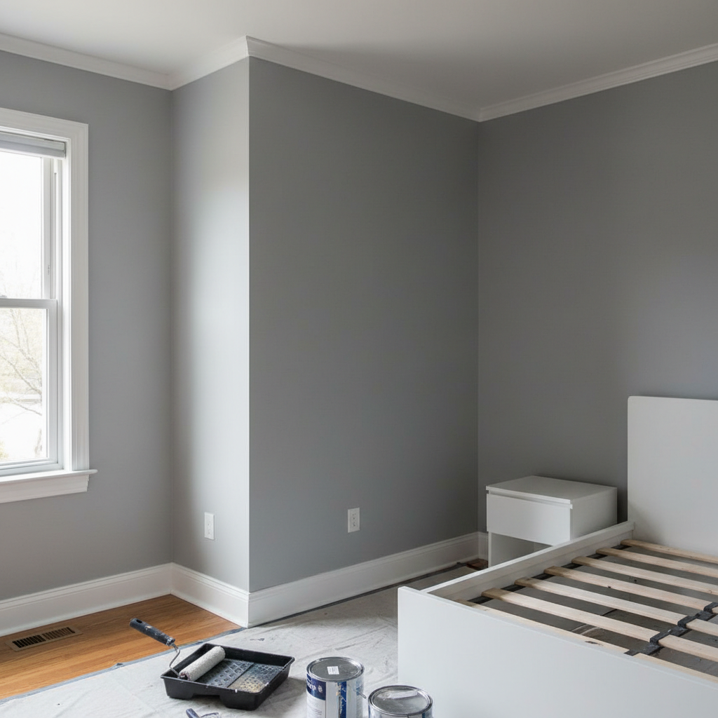 Newly decorated master bedroom with smooth walls in soft grey and crisp white ceiling