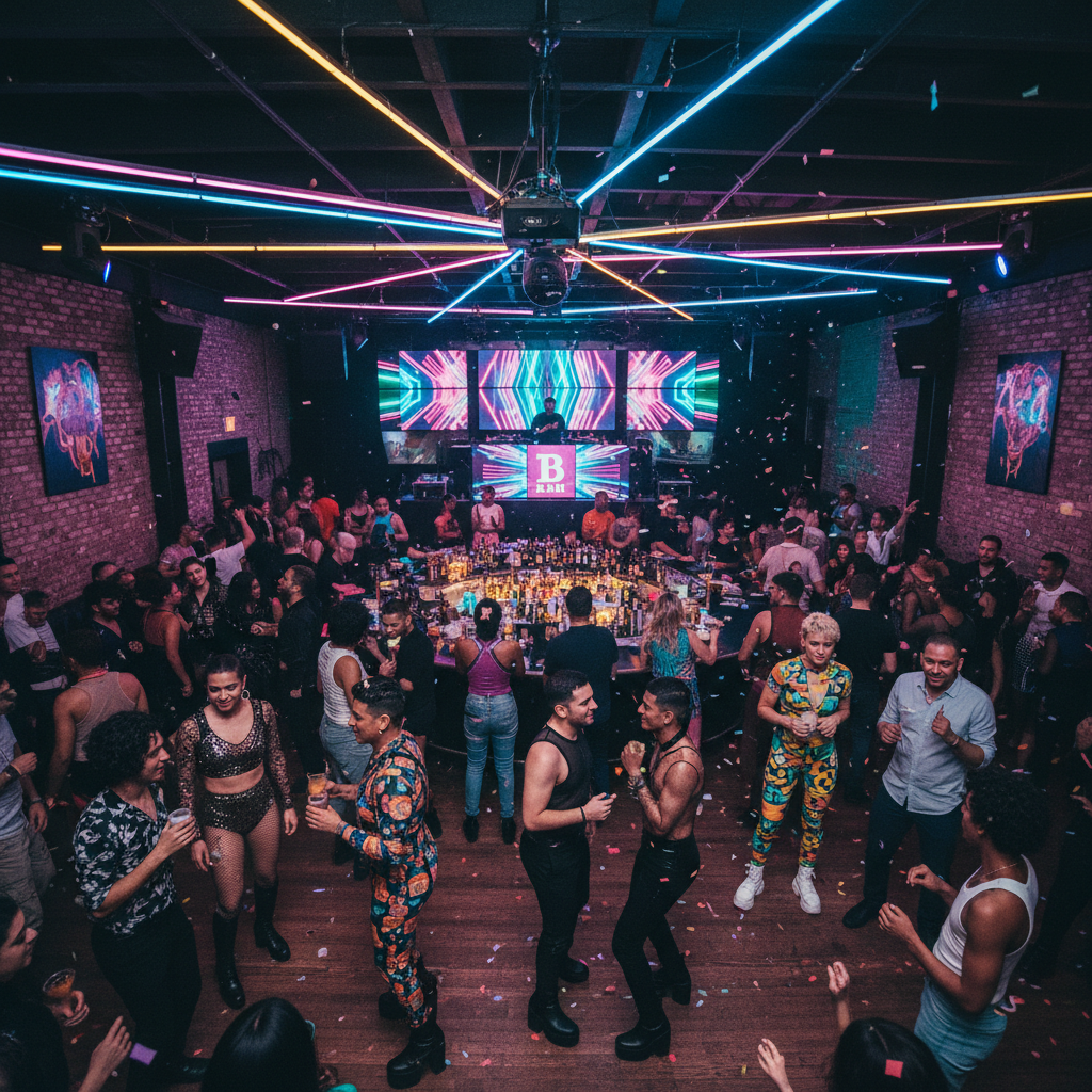 Beige club night at B Bar New York City with fashionable LGBTQ+ crowd and DJ