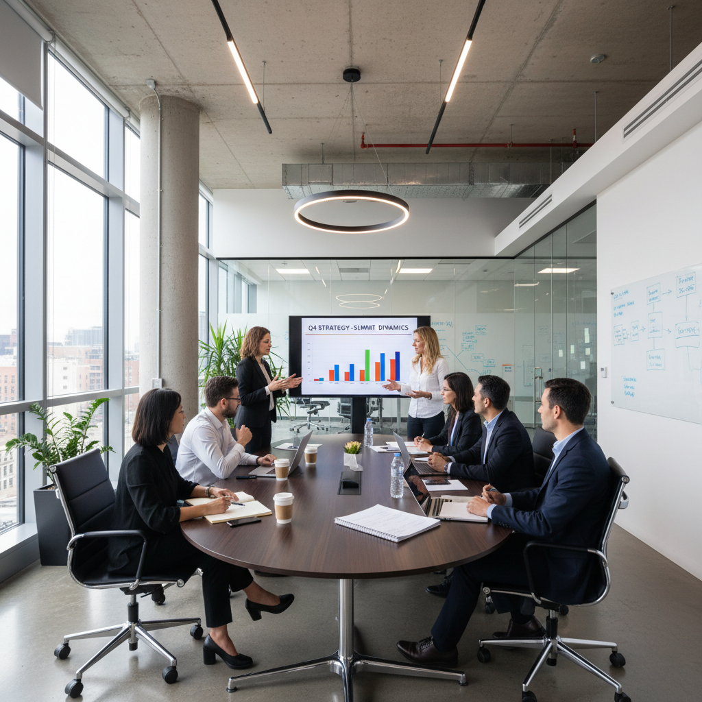 Business presentation slides on laptop in bright conference room, clean white slides with minimal charts, airy office setting