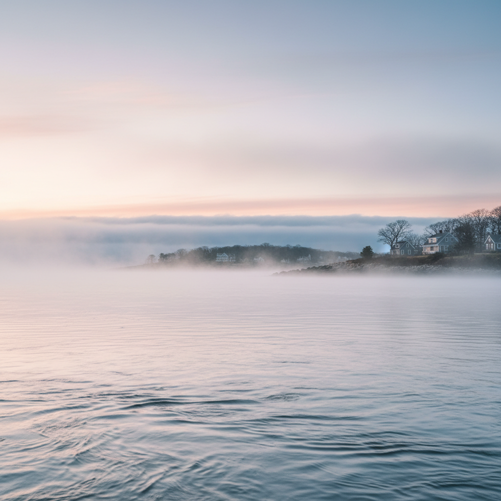 Cold Atlantic tidal water with morning fog lifting off the surface of Narragansett Bay