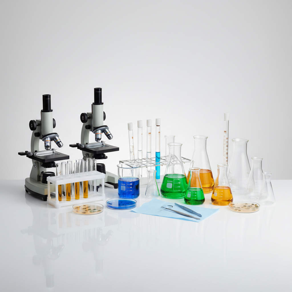 Chemistry lab equipment and biology textbooks for AP exam study