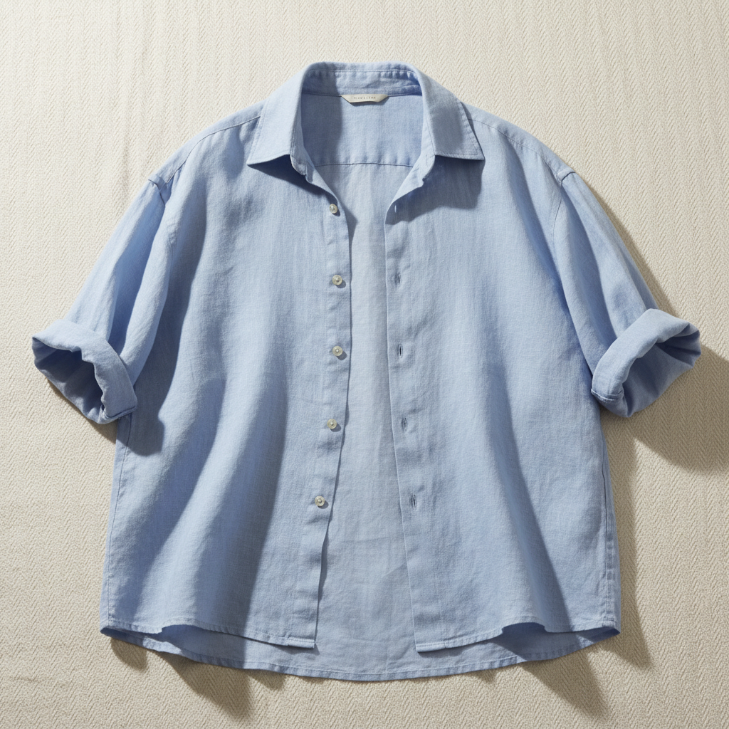 Light blue short-sleeve linen shirt with subtle texture, folded neatly on white surface